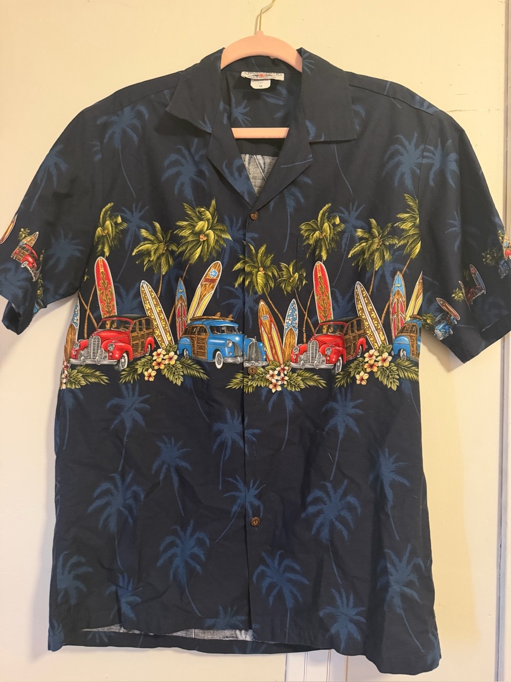 Men's Vintage Navy Hawaiian Shirt with Surf/Car Print by Pacific Legend Apparel